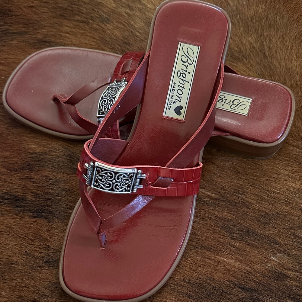 Brighton Red Leather Thong Sandals with Decorative Silver Buckle